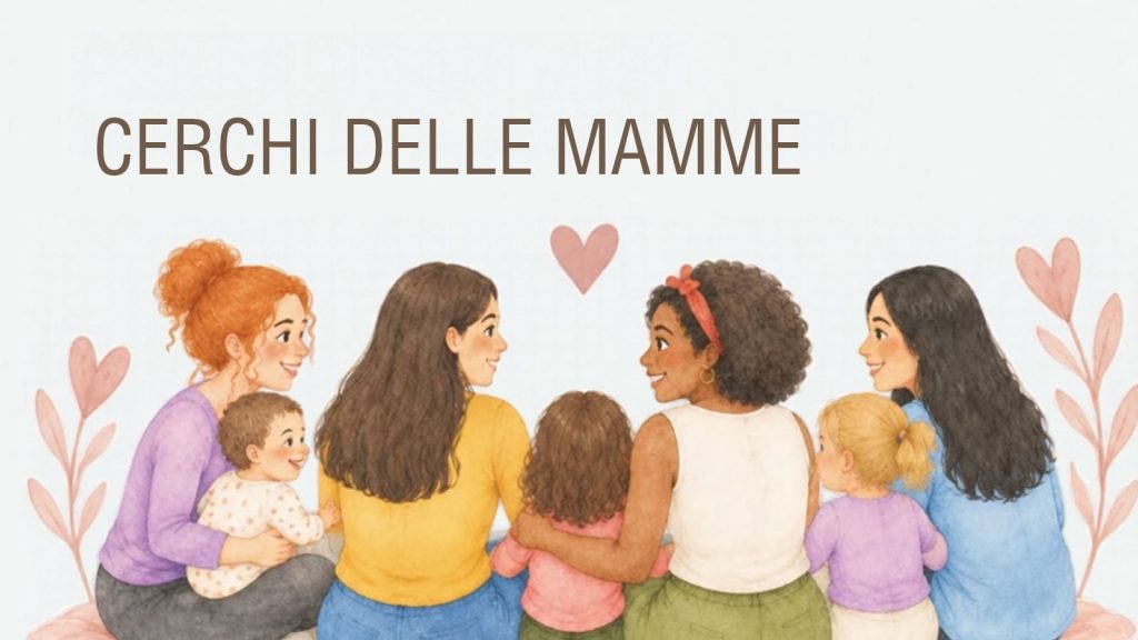 Illustrazione di un gruppo di mamme sedute in cerchio con i propri bambini, simbolo dell'iniziativa di condivisione e supporto organizzata presso la piscina Appennino Blu a Pavullo.